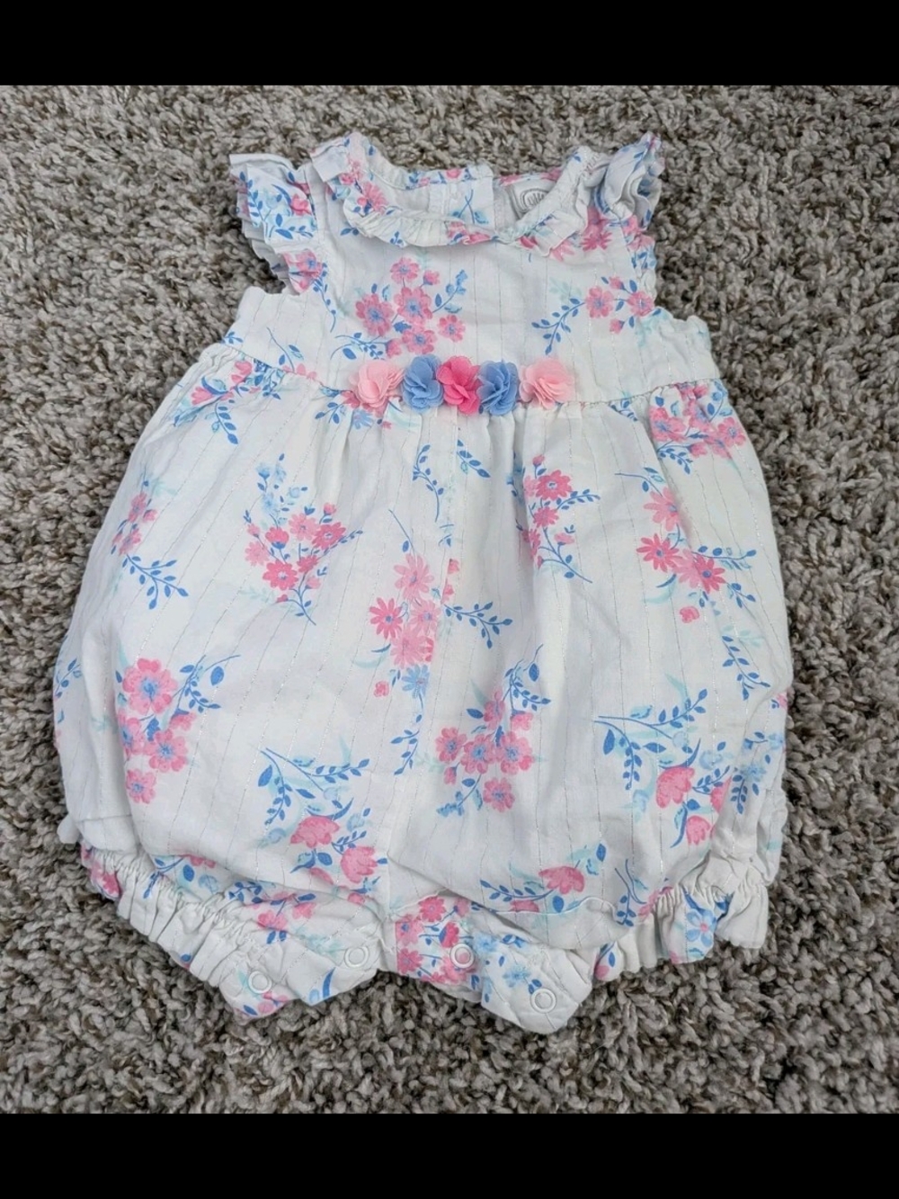 Little Me White Floral Bubble Romper with Pink & Blue Accents Size 3 Months